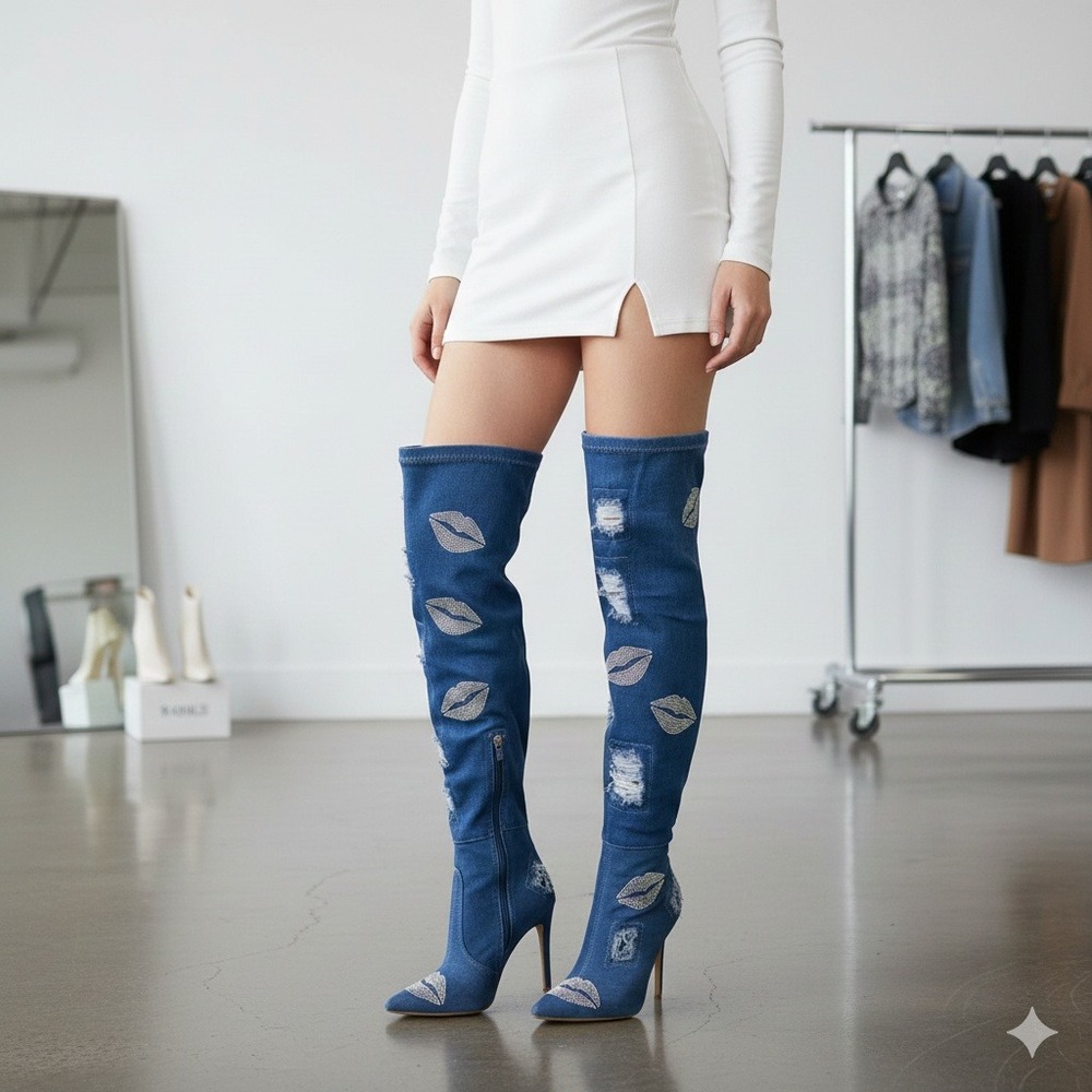 Cape Robbin Distressed Denim Rhinestone Thigh High Stiletto Boots Size 7‎ NIB